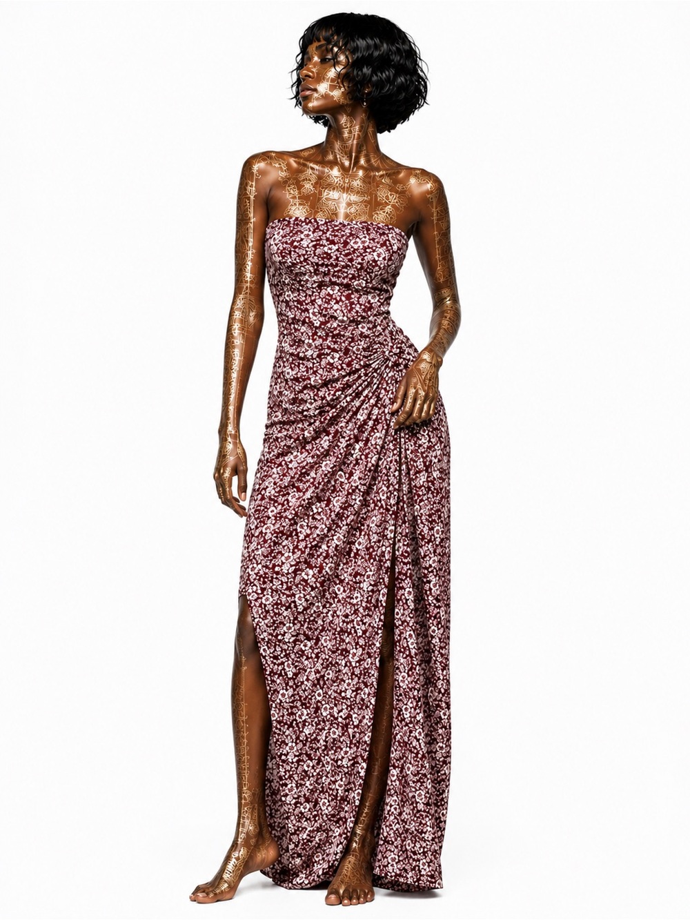 Strapless Floral Side-Slit Maxi Dress in Burgundy Floral